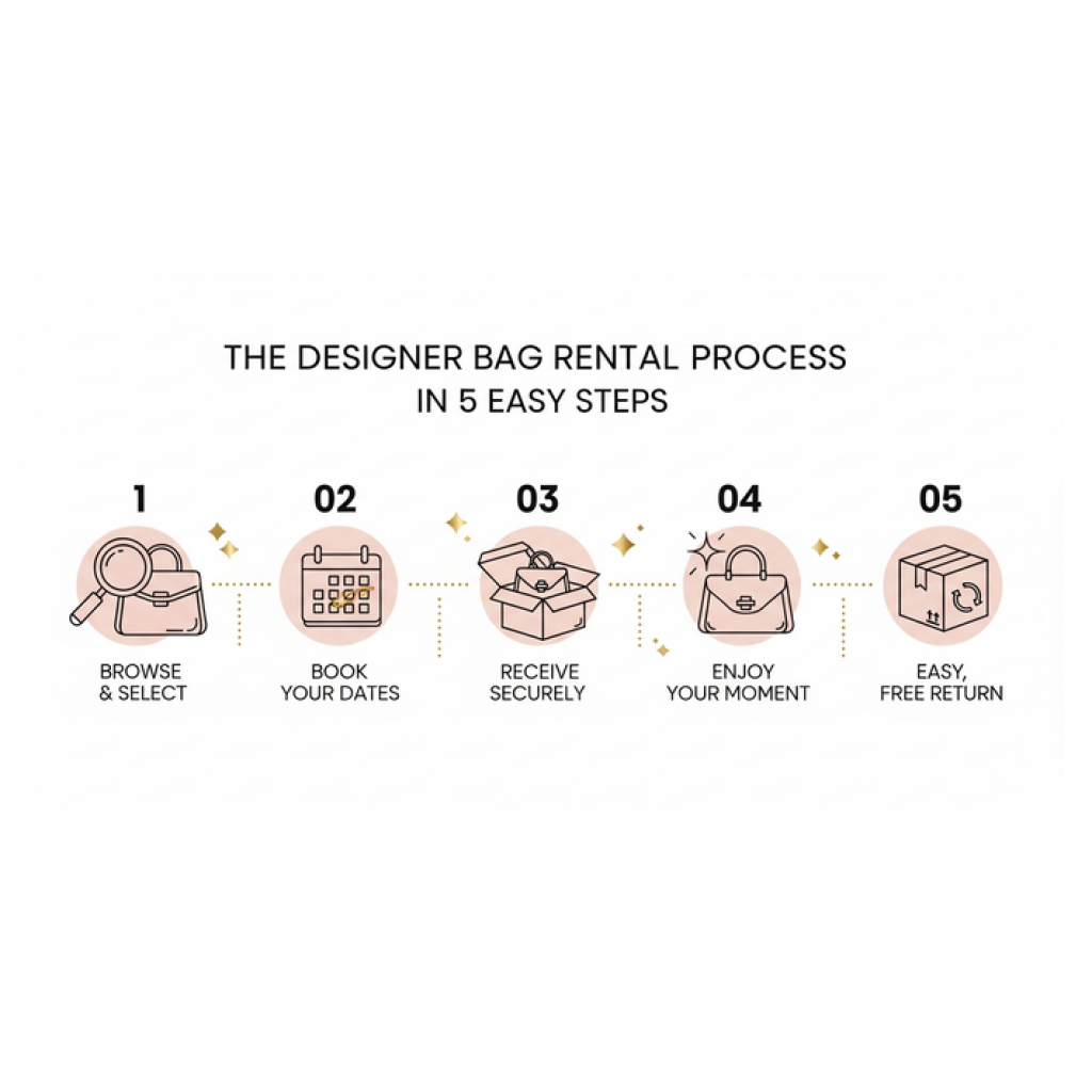 Renting a designer bag is a simple, five-step process, from online selection to easy, free returns.